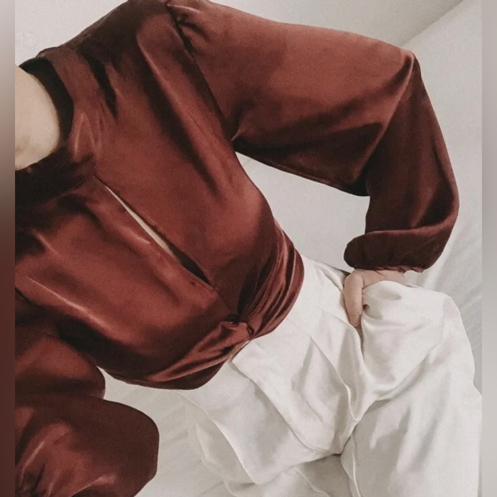 ZARA Burgundy Crop Top Satin Blouse - Picture 3 of 3